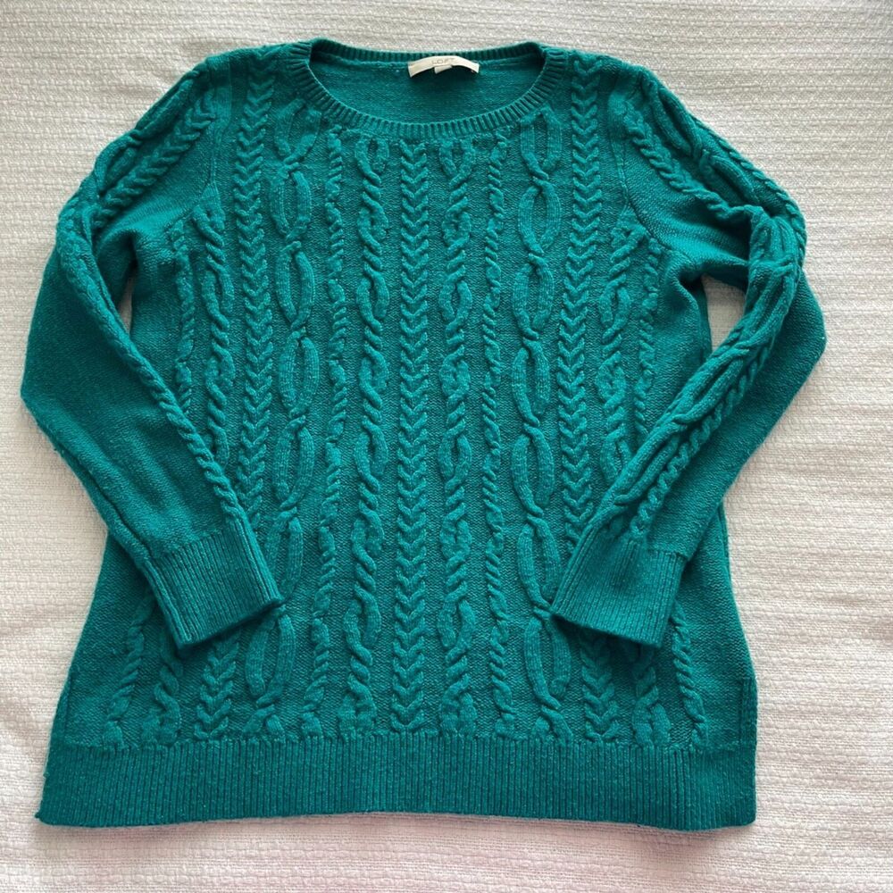 Large LOFT Blue-Green Cotton Blend Crewneck Cableknit Sweater